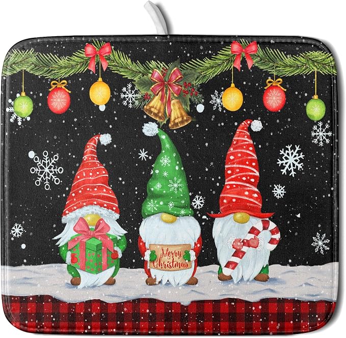 Merry Christmas Dish Drying Mat Black Gnomes Dish Drainer Mats 16x18 Inch by Giwawa