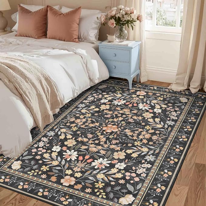 3x5 Rug for Entryway Bedroom, Floral Vintage Retro Boho Throw Rug, Non Slip & - Image 2