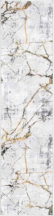 SAFAVIEH Amelia Collection Runner Rug - 2' x 8', Grey & Gold, Modern Abstract Design, Non-Shedding & Easy Care, Ideal for High Traffic Areas in Living Room, Bedroom (ALA293G)