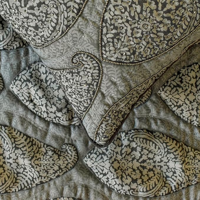 The HomeCentric King/Queen/Twin Grey Decorative Queen 74"x18" Bed Runner with 2 Pillow Cover, Paisley & Beaded Bed Scarf on Jacquard Fabric - Paisley History