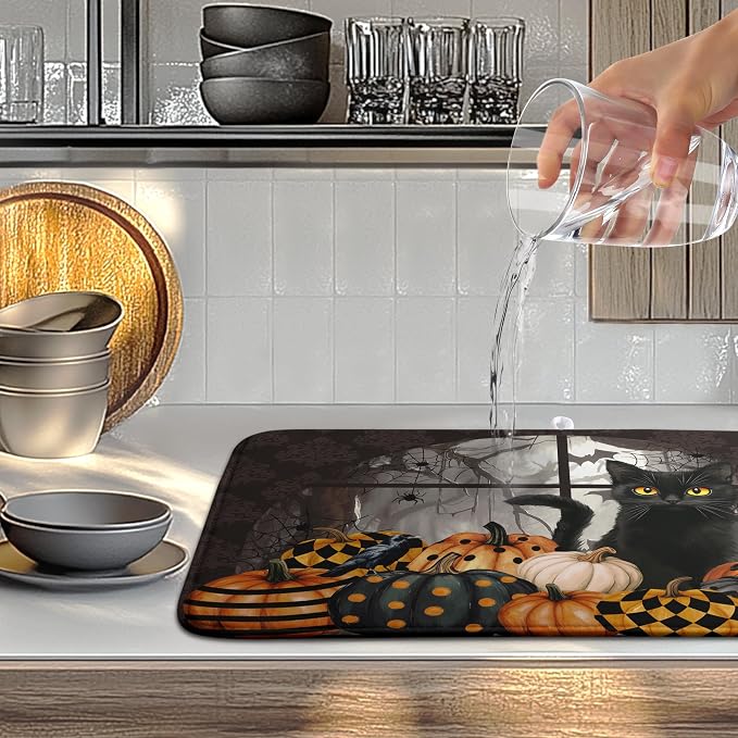 Halloween Black Cat Dish Drying Mat Fall Halloween Pumpkins Large Kitchen Mats - Image 2