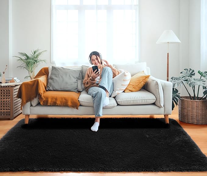 ONASAR Black Area Rugs for Bedroom Living Room, Fluffy Fuzzy Shaggy 4x6 Bedside Rug, Washable Soft Plush Modern Indoor Floor Carpet for Nursery Kids Girls Boys Teen Dorm Home Office Decor Aesthetic