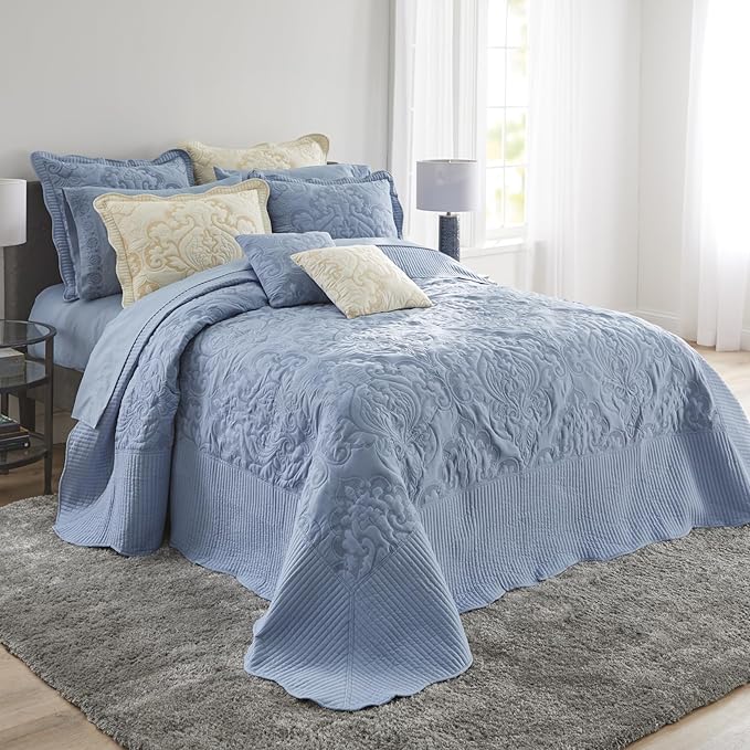 BrylaneHome Bedding Lightweight All Season Modern Amelia Quilted Damask Oversized Ultra Soft Bedspread - Full, Ashley Blue