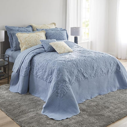 BrylaneHome Bedding Lightweight All Season Modern Amelia Quilted Damask Oversized Ultra Soft Bedspread - Full, Ashley Blue