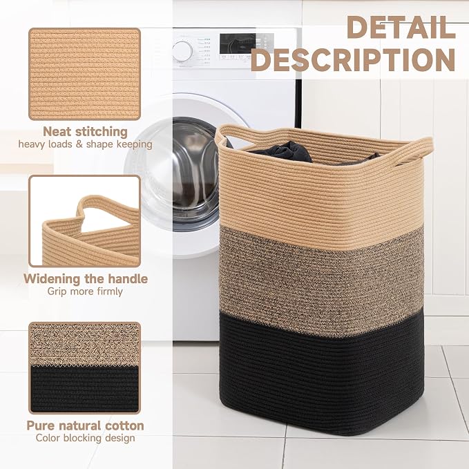 CLHMILY&Z 75L Laundry Basket Rectangular Black Jute Rope - Image 5