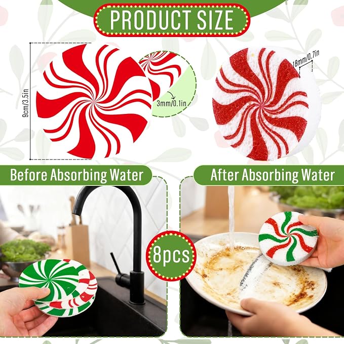 Whaline 8Pcs Christmas Candy Kitchen Sponges Red Green Xmas Candy Water - Image 2