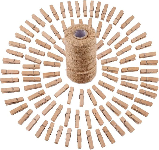320 Feet Jute Twine and 100 Pieces Mini Natural Wooden Craft Clothespins Pegs by Sunmns