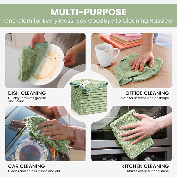 Microfiber Cleaning Cloth, 12 Pack Green Cleaning Rags - Image 5