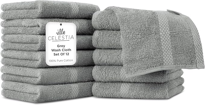 100% Cotton Wash Cloth for face & Body Set of 12, Sustainable, Highly Absorbent by VillaCelestia