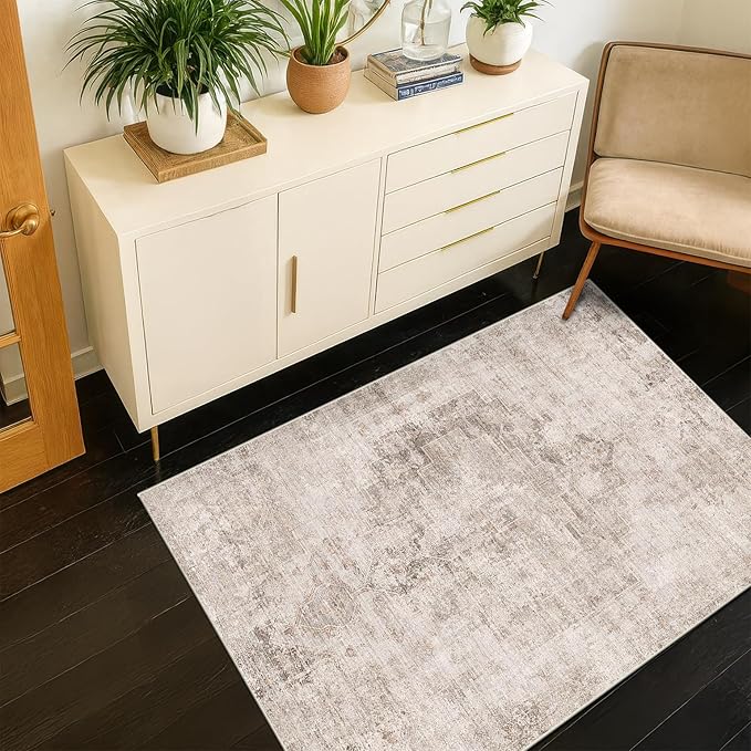 Washable Beige Brown Rugs for Entryway Indoor - 3x4 Throw Rug for Large Kitchen, Bedroom Bedside, Bathroom, Mudroom, Mordern Abstract Medallion Décor, Non Slip Low Pile Fade Resistant