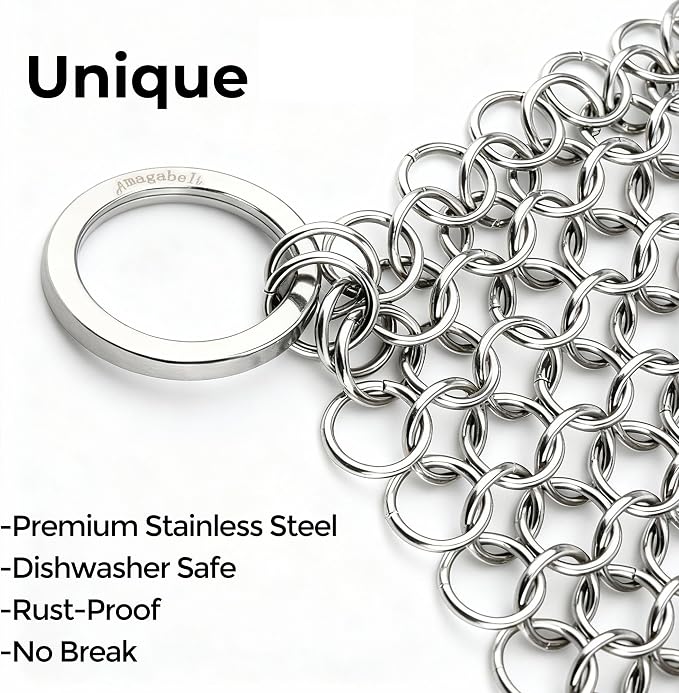 Amagabeli Cast Iron Cleaner 8"x6" Premium Stainless Steel Chainmail Scrubber - Image 2