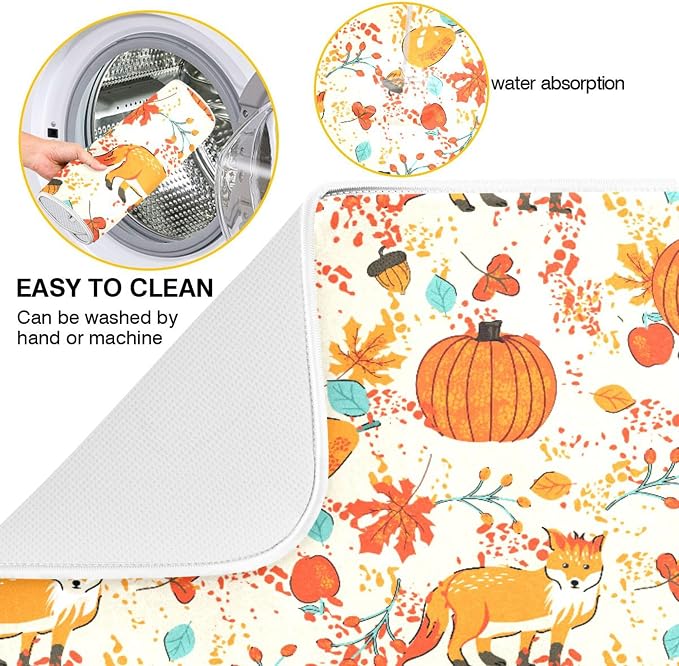 Fall Fox Dish Drying Mat for Kitchen Countertop 16x18 Autumn Chestnuts Pumpkin - Image 2