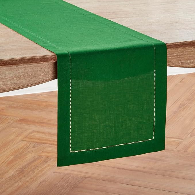 Solino Home Linen Table Runner 60 Inches - 100% Pure Linen Garden Green Hemstitch Table Runner 14 x 60 Inch Ideal for Dresser and Coffee Tables - Classic Hemstitch - Christmas, Winter, New Year