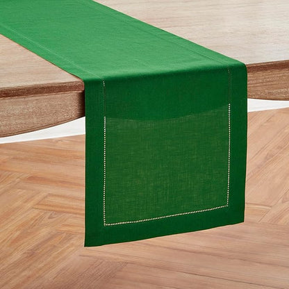 Solino Home Linen Table Runner 60 Inches - 100% Pure Linen Garden Green Hemstitch Table Runner 14 x 60 Inch Ideal for Dresser and Coffee Tables - Classic Hemstitch - Christmas, Winter, New Year