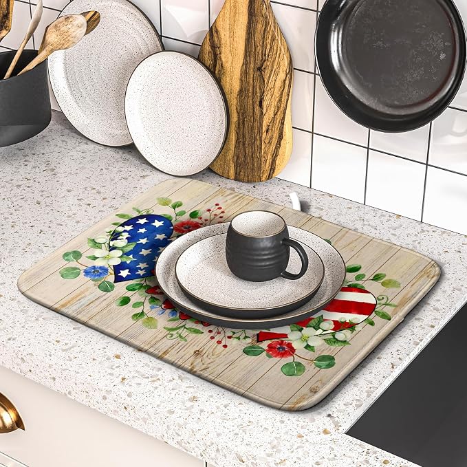Independence Day Dish Drying Mat 16x18 inch Patriotic Love Heart Fast Dry - Image 5