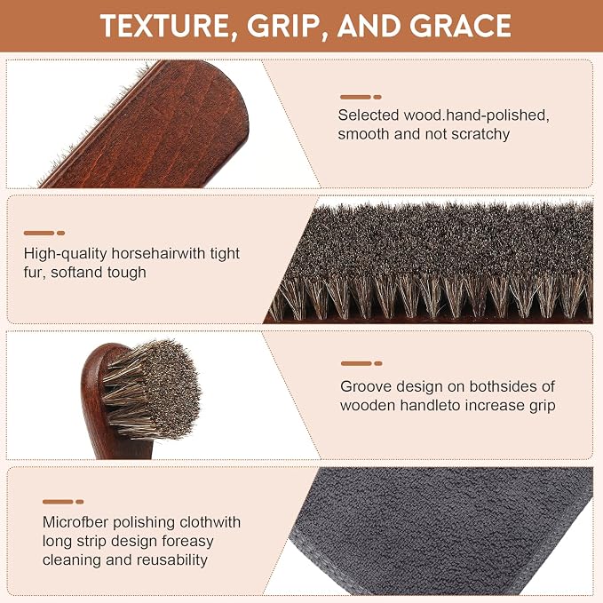 3pcs 100% Horse Hair Shoe Brush Kit Shoe Shine Kit Beech Wood Leather Care Set - Image 5