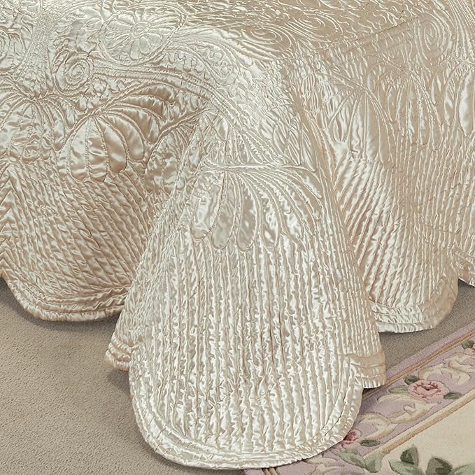 Touch of Class Portia Luxury Bedding | Soft Pearl | Premier Quilted Polyester Satin | Romantic Hand Guided Machine Quilted Scroll Design 3 Piece Set: Queen Oversized Bedspread and 2 Standard Shams