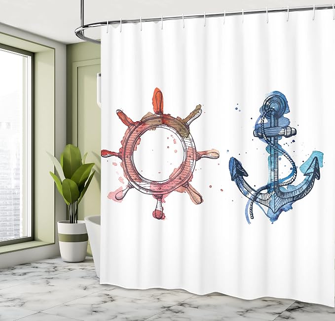 Ambesonne Nautical Shower Curtain, Illustration of an Anchor and Steering Wheel - Image 4