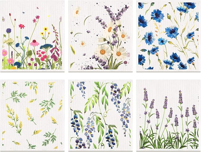 Swedish Kitchen Dish Towels Wildflowers Reusable Sponge Cleaning Cloths by Remagr