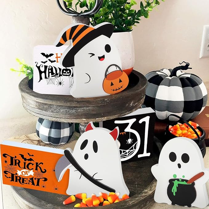 COCHIE Cute Ghost Halloween Decorations Indoor, Wooden Tiered Tray Decor Table - Image 4