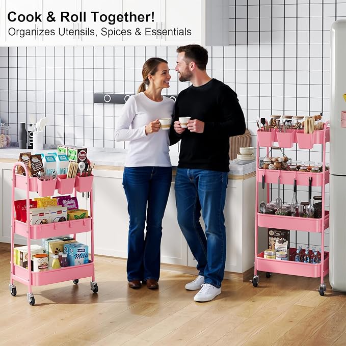 4 Tier Rolling Cart Metal with Lockable Wheels, Four Tiered Pink Trolley Cart - Image 7