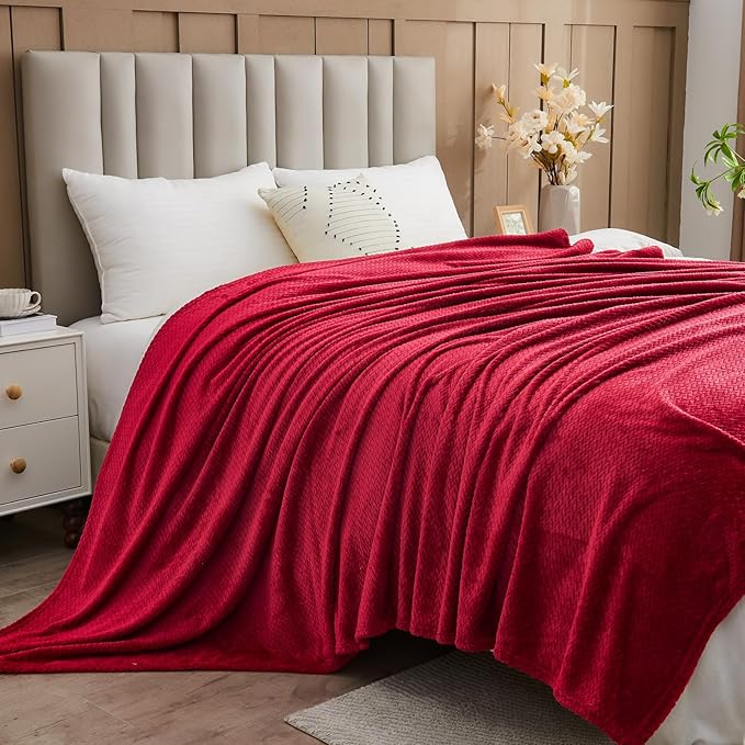 NEWCOSPLAY Super Soft Throw Blanket Red Premium Silky Flannel Fleece Leaves Pattern Lightweight Bed Blanket All Season Use (Red, Throw(50"x60"))