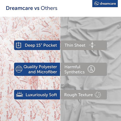 DREAMCARE Queen Size Sheets - Floral Sheets Queen Size Bed Set - 4pcs Queen Sheet Set - Cooling Bed Sheets - Queen Size Sheet Sets - Soft & Long Lasting 100% Brushed Floral Bed Set - Floral Pink