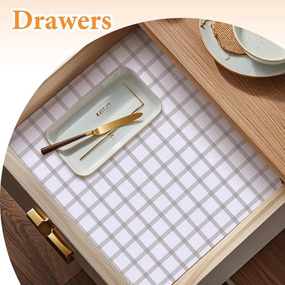 Shelf Liner for Kitchen Cabinets Non Adhesive Drawer Liner Non-Slip Thickened Shelf Liner Paper Strong Easy to Clean for Tool Box Refrigerator with Knife and Tape Measure, White Square, 11.8 x 118 in