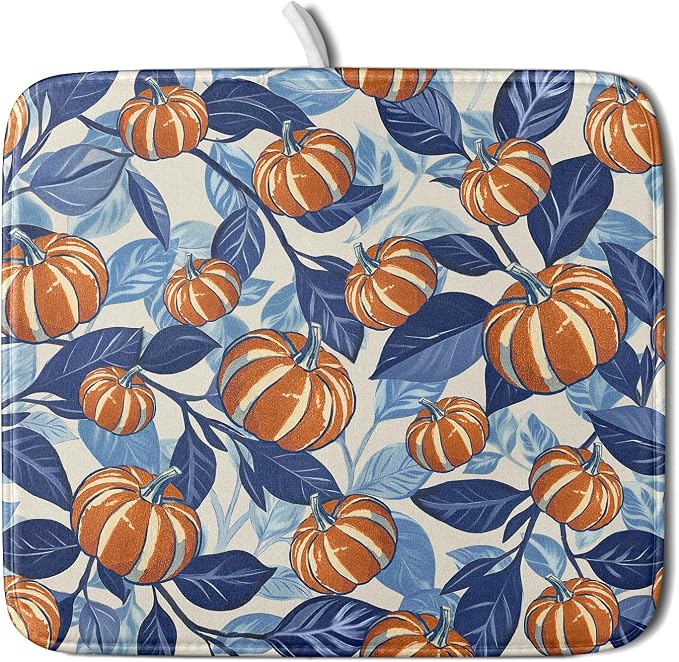 Blue Burnt Orange Fall Pumpkin Dish Drying Mat by Aytipun