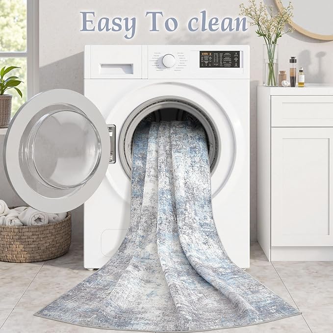 Washable 7x9 Area Rug: Modern Abstract Soft Non-Slip Indoor Rugs Home Decor - Low Pile Stain Resistant Carpet for Living Room Bedroom Dining Room Playroom Office(Blue Grey 7'x9')