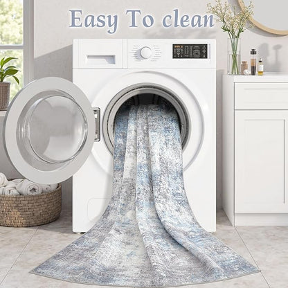 Washable 7x9 Area Rug: Modern Abstract Soft Non-Slip Indoor Rugs Home Decor - Low Pile Stain Resistant Carpet for Living Room Bedroom Dining Room Playroom Office(Blue Grey 7'x9')