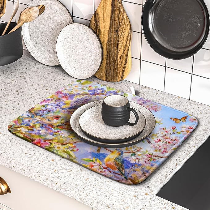 Spring Bird Dish Drying Mats for Kitchen Counter Floral Small Dish Drying Pad - Image 5