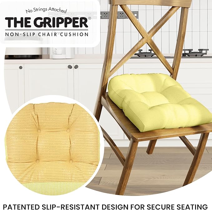 Klear Vu Gripper Overstuffed Universal Non-Slip Dining Chair Cushions for Kitchen Decor or Office Use, U-Shaped Skid-Proof Seat Pad, 17x17 Inches, 2 Count (Pack of 1), Solid Yellow