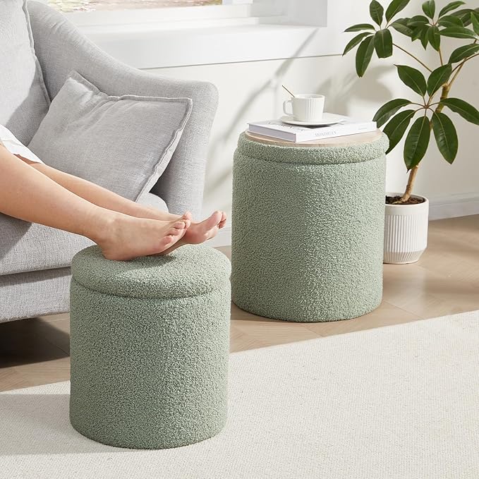 Boucle Round Ottoman with Storage Set of 2, Small Foot Stool Ottoman - Image 8