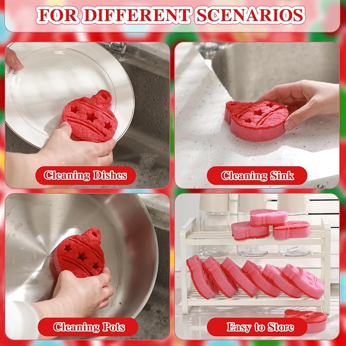 Tioncy 12 Pack Christmas Ball Kitchen Sponges Bulk Dual Sided Scrubber Sponges - Image 3