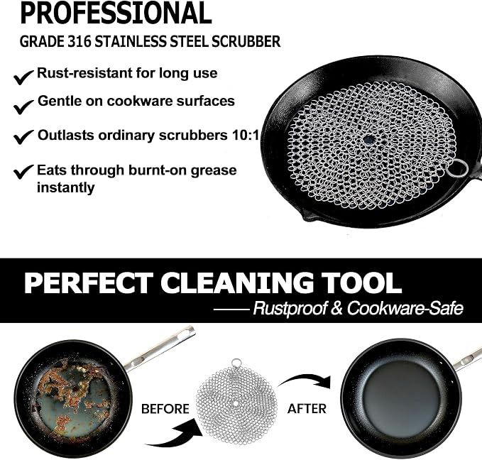 TOPULORS 316 Stainless Steel Cast Iron Skillet Cleaner Scraper Chain Link - Image 4