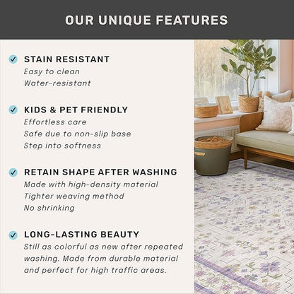 8x10 Large Lavender Rug for Bedroom, Floral Area Rug for Living Room, Dinning Room Under Table, Cute Fantasy Décor, Non Slip Low Pile Stain Resistant Washable Foldable Carpet