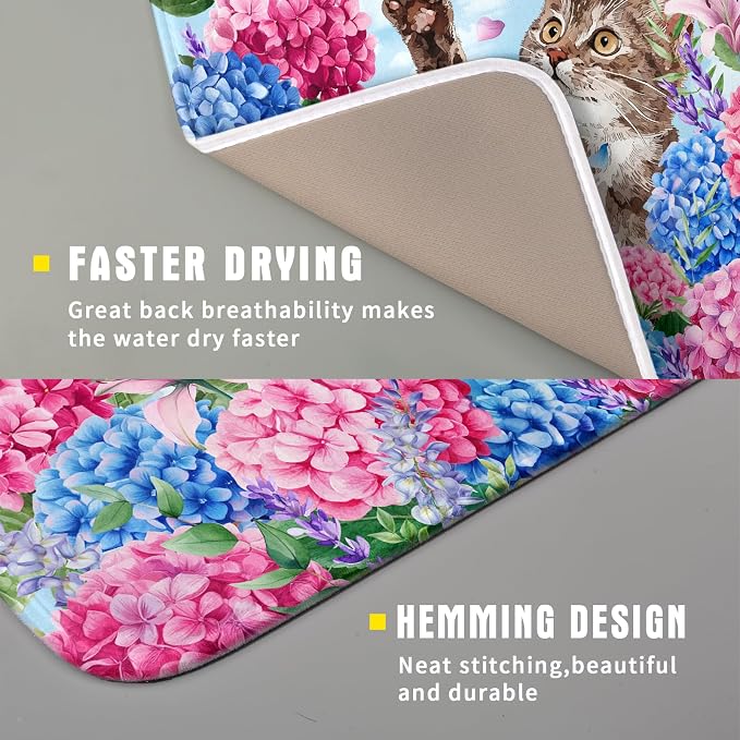 Hydrangea Floral Dish Drying Mat Cute Cat Microfiber Absorbent Dish Drying Pad - Image 3