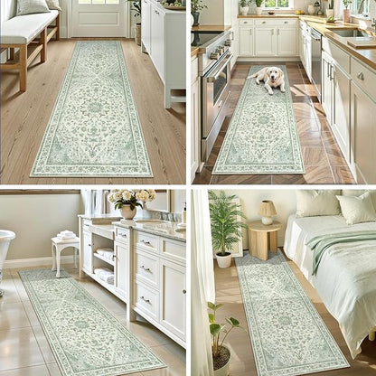 Moynesa Vintage Washable Green Runner Rug for Hallway 2x6, Retro Farmhouse Runner for Entryway Kitchen Bathroom Bedroom, Low Pile Soft Non-Slip Accent Carpets for Indoor Nursery