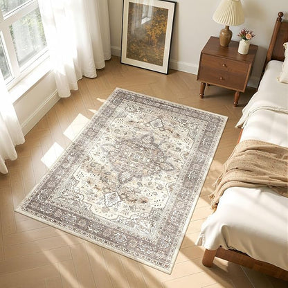4x6 Area Rug Washable Rugs: Boho Large Neutral Vintage Soft Rugs Stain Resistant Farmhouse Non-Slip Indoor Floor Carpet for Bedroom Nursery Entryway Kids Playroom Office Dining Room Home Decor- Brown