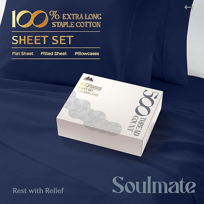 Mayfair Linen 100% Cotton Bed Sheets Queen Set - 500 Thread Count Cotton Sheets for Queen Size Bed, 4 PC Set (Navy Blue), Ultra Soft, Cooling, Sateen Weave 16" Deep Pocket Bedsheet for Hot Sleepers