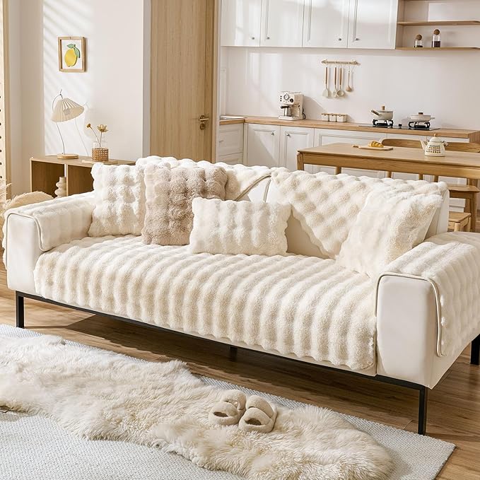 Faux Fur Couch Cover Fuzzy Soft Plush Thick Bubble Sofa Cover Luxury Sectional Couch Covers Luxury Anti-Slip Sofa Slipcover Washable Furniture Protector (Ivory,36"x63")