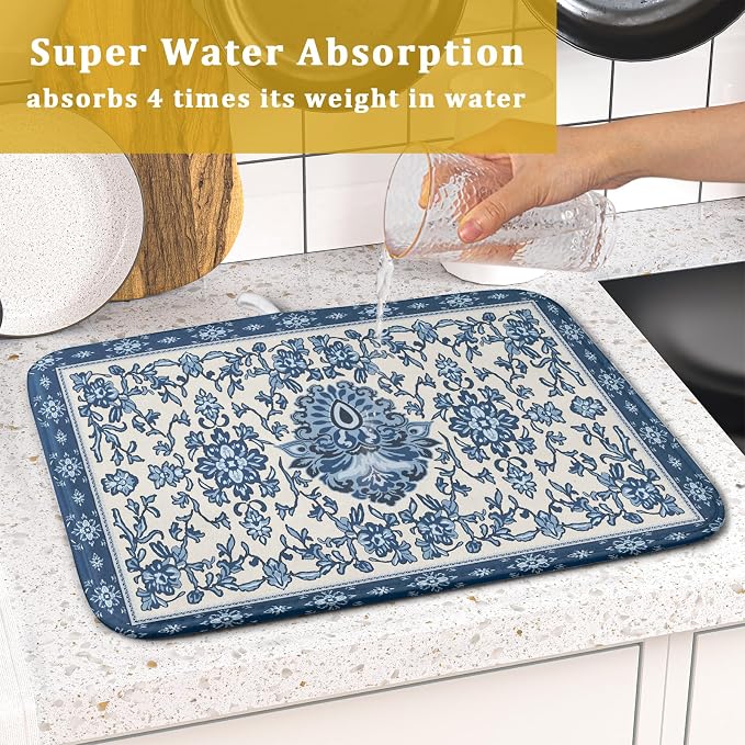 Blue Floral Dish Drying Mat for Kitchen Counter 16x18 Chinoiserie Flower Print - Image 7