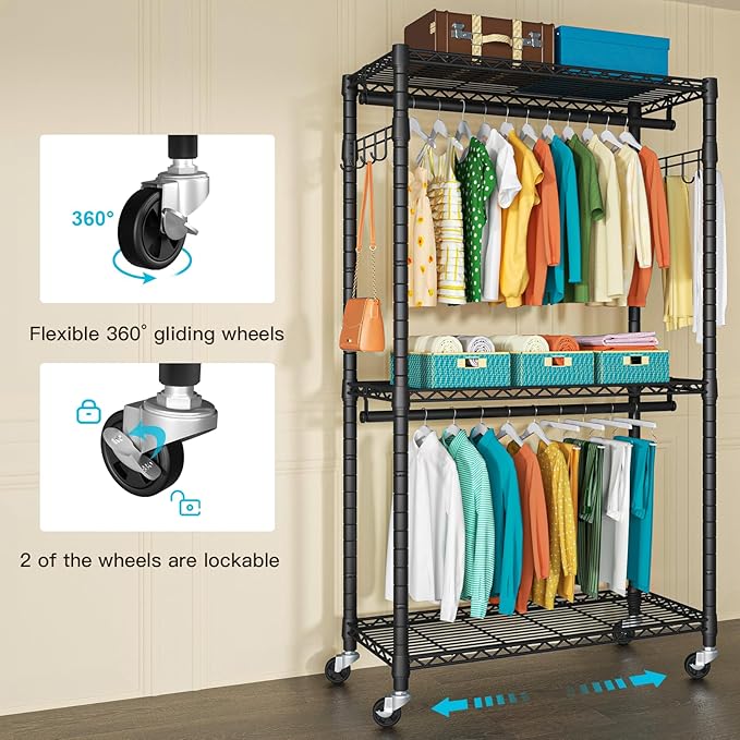 FUTASSI P1 Heavy Duty Garment Rack, 3 Tiers Adjustable Rolling Metal Closet - Image 5