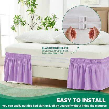 Biscaynebay Wrap Around Bed Skirts with Adjustable Belts for Queen Beds 15" Drop, Violet Elastic Dust Ruffles Silky Luxrious Fabric Machine Washable