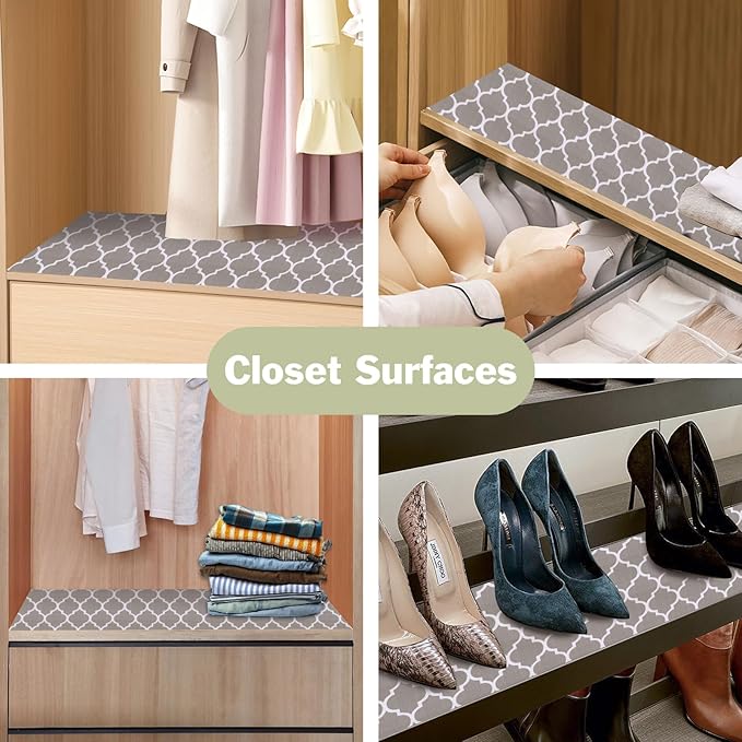 Drawer and Shelf Liner for Kitchen Cabinet: 23.6 in X 20 Ft Non Slip Waterproof Shelf Paper Non Adhesive Refrigerator Liners Gray Quatrefoil Easy Liners for Bathroom Cupboard with Knife Tape Measure