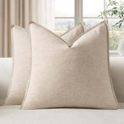 EMEMA Decorative Linen Throw Pillow Covers 18x18 Inch Natural Beige Boho Farmhouse Neutral Couch Throw Pillows for Bed Pack of 2 Accent Pillowcase Modern Sofa Cushion Livingroom Home
