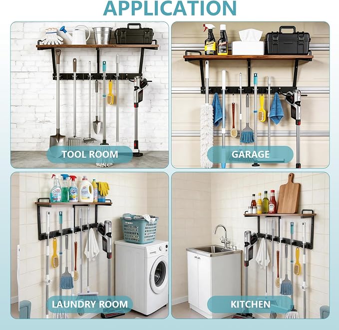 Broom Holder Wall Mount With Cleaning Supplies Organizer Shelf Broom And Mop - Image 6