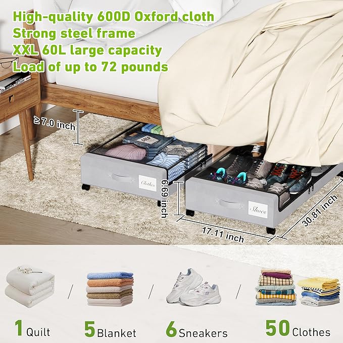 Under Bed Storage with Wheels, Underbed Storage Bins, XXL 60L Rolling Metal - Image 2