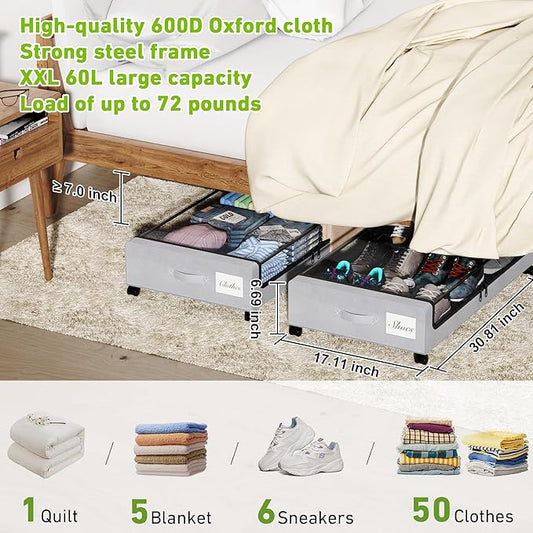 Under Bed Storage with Wheels, Underbed Storage Bins, XXL 60L Rolling Metal - Image 2